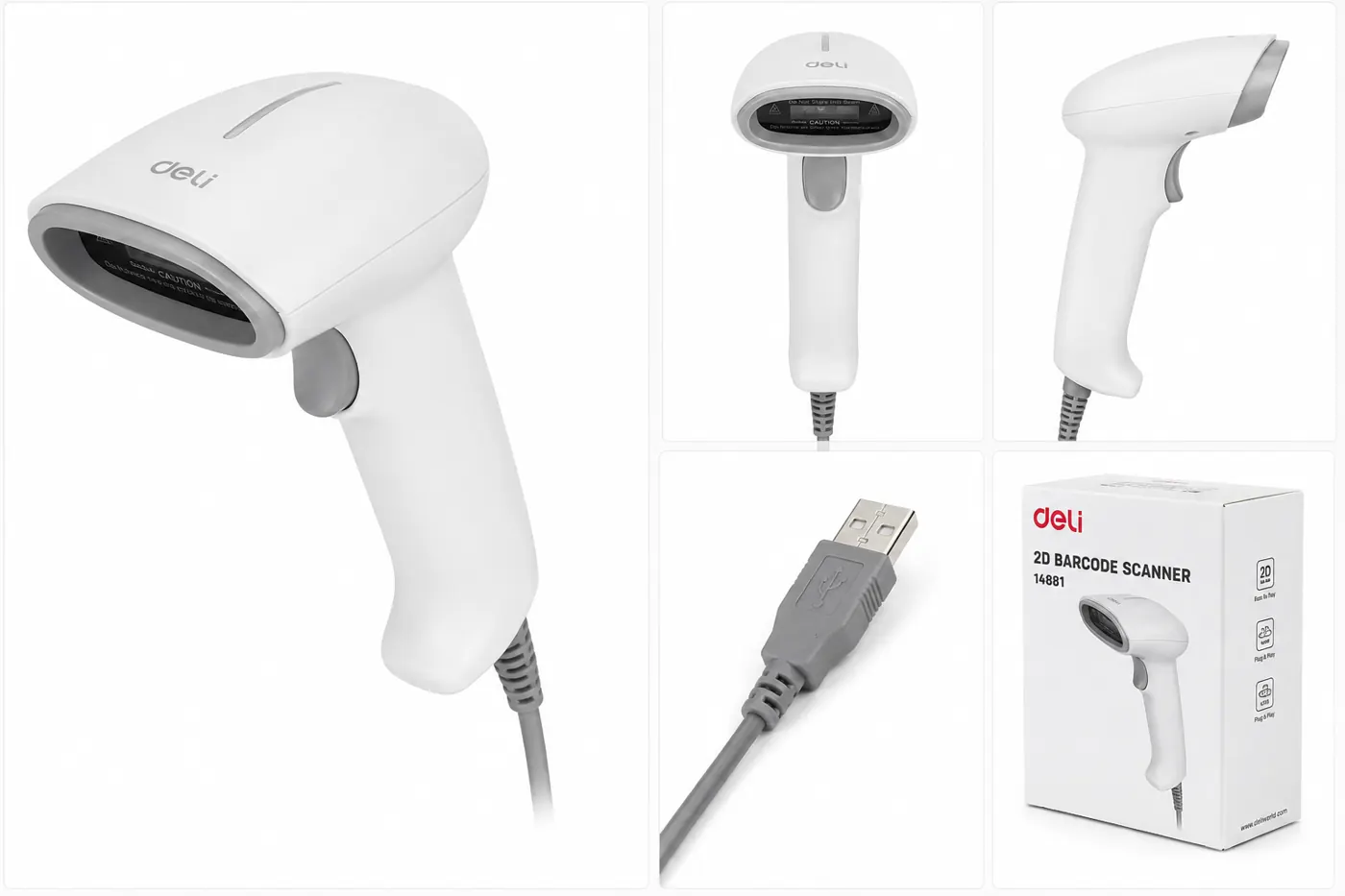 قارئ باركود Deli Handheld 2D Barcode Scanner, Wired USB, White