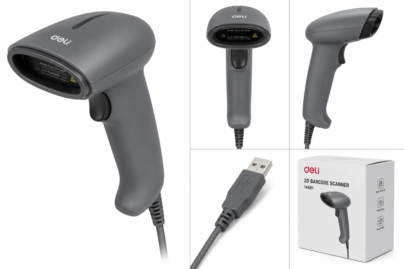 قارئ باركود Deli Handheld 2D Barcode Scanner, Wired USB, White
