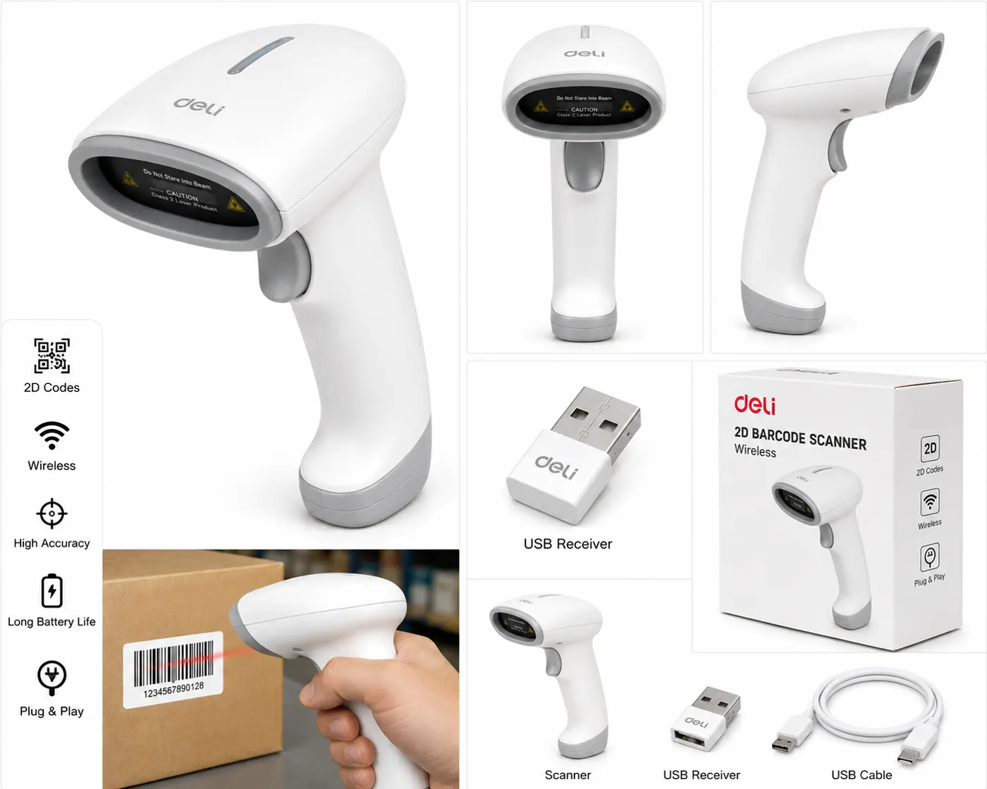 قارئ باركود لاسلكي Deli Handheld 2D Barcode Scanner, Wireless