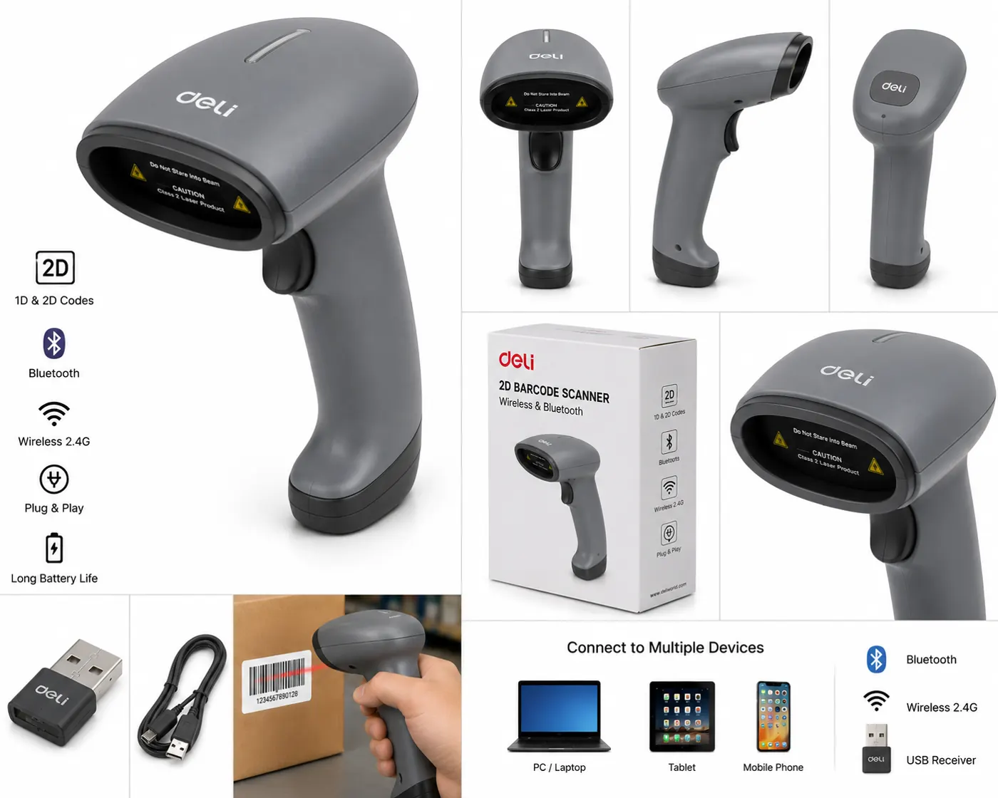 قارئ باركود Deli لاسلكي + بلوتوث 2D Deli Handheld 2D Scanner, Wireless + Bluetooth, White