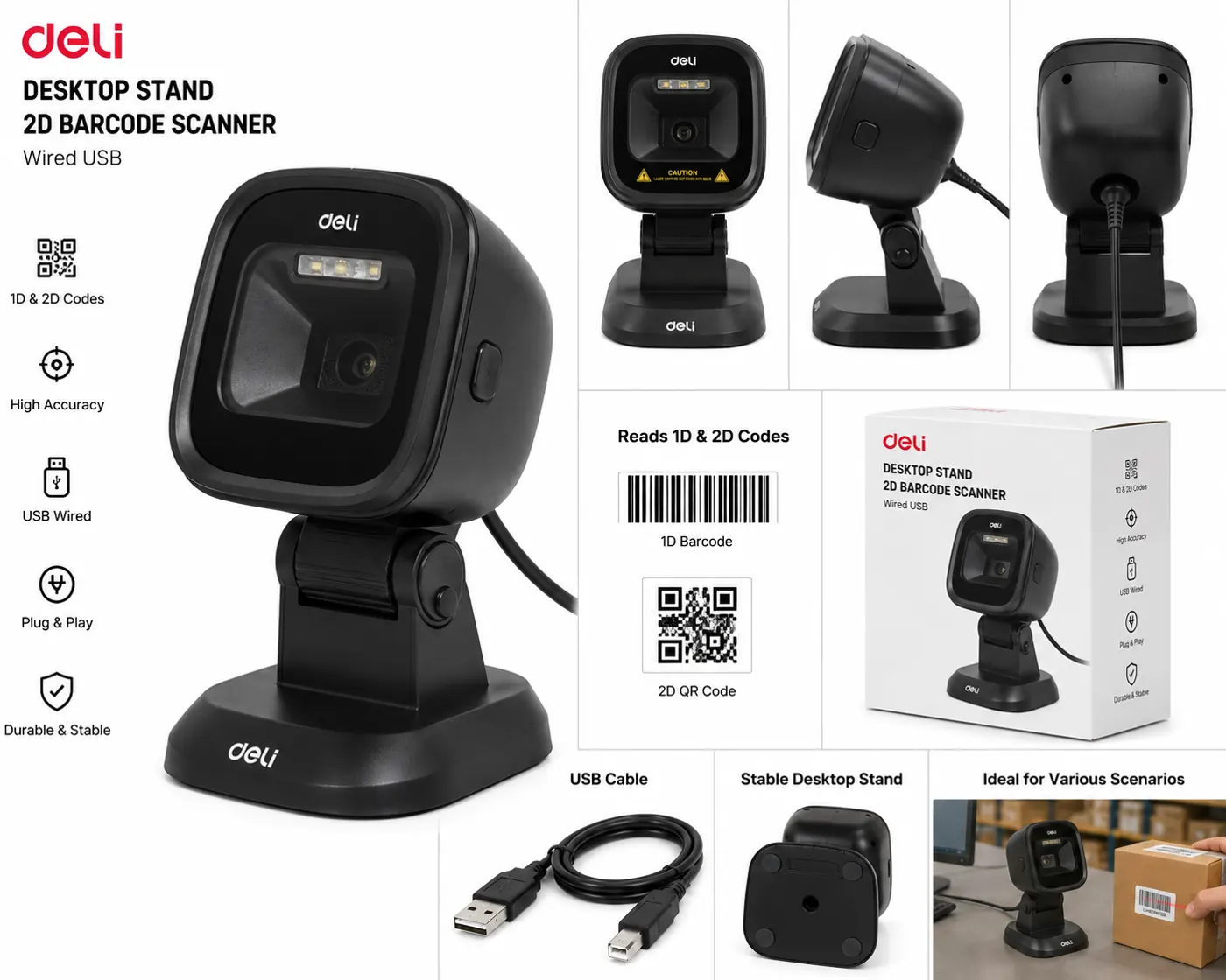 قارئ باركود Deli مكتبي 2D USB – أسود