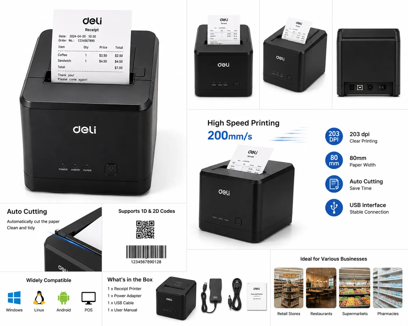 طابعة فواتير Deli حرارية 80mm USB أوتوكتر