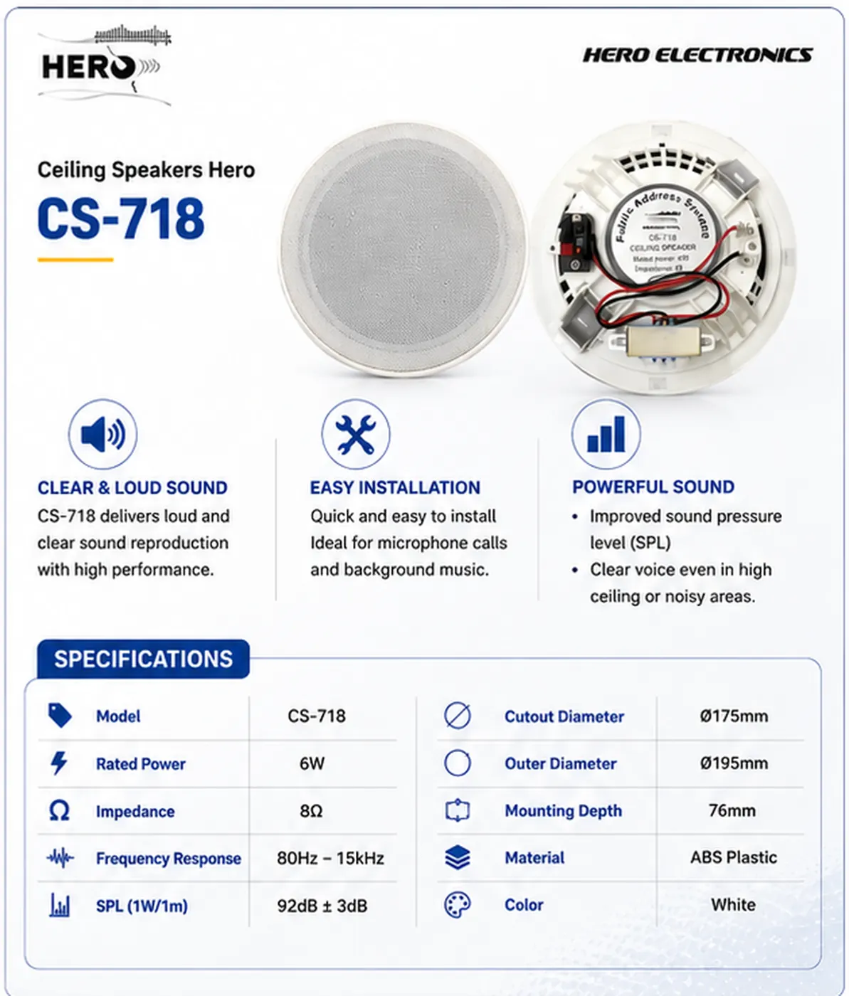 سماعة سقف CS-718 بقدرة 6 وات للمحلات والمكاتب وأنظمة الصوت الداخلي
